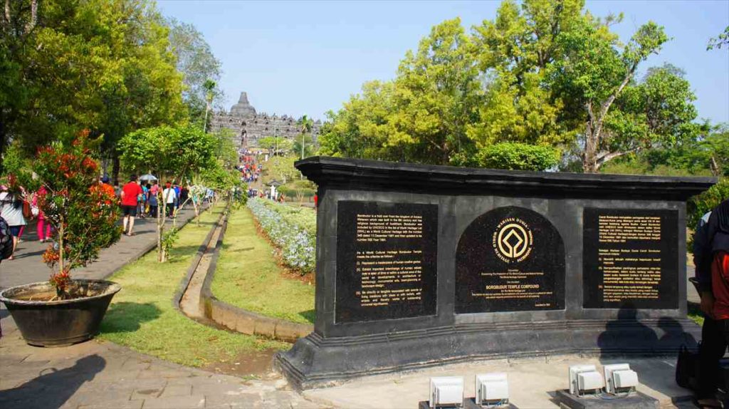 インドネシアのボロブドゥール遺跡の看板